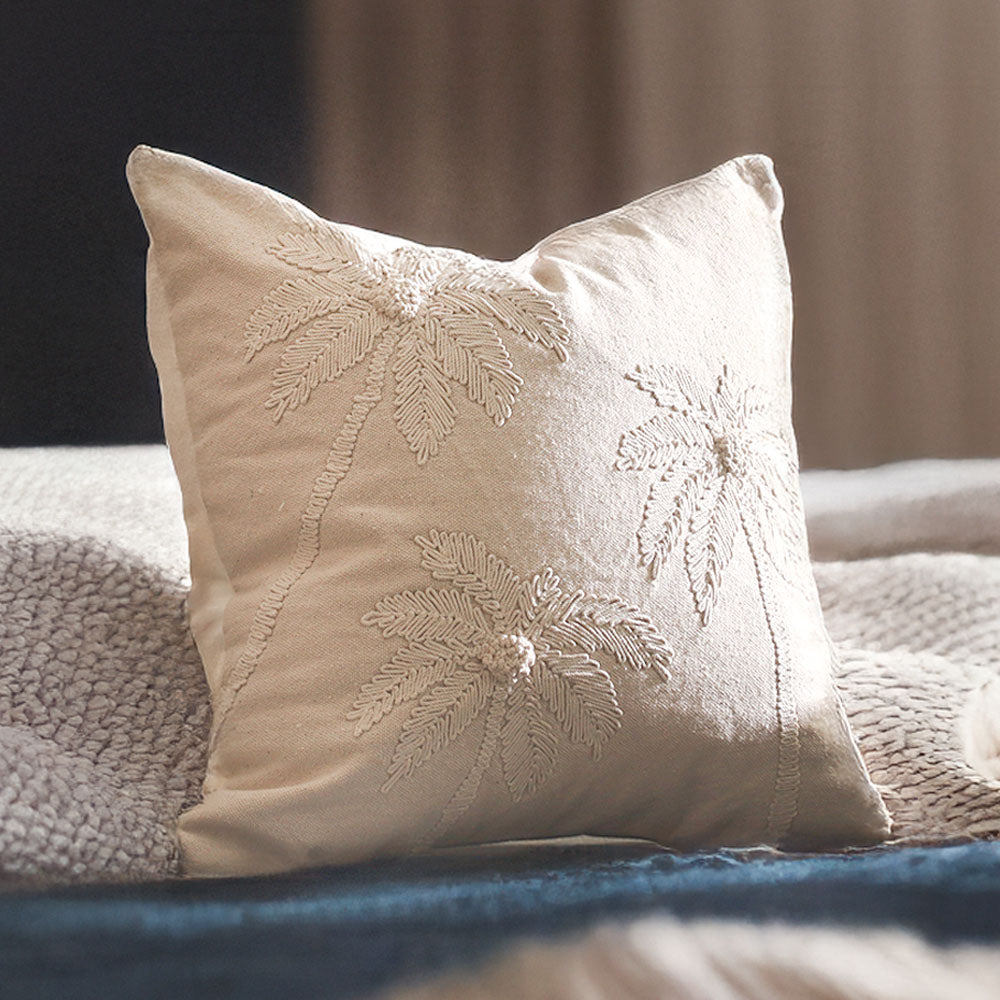 Areca Embroidered Cotton Cushion Cover 45x45cm - Beige