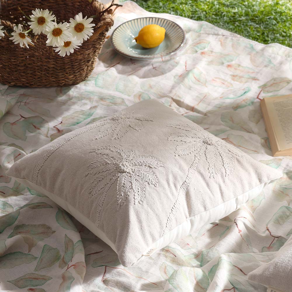 Areca Embroidered Cotton Cushion Cover 45x45cm - Beige