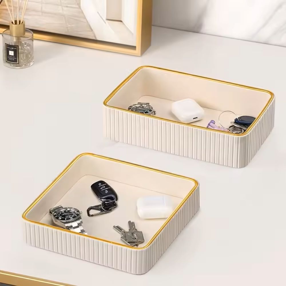 Columns Rectangular Leather Valet Tray - Ivory Gold