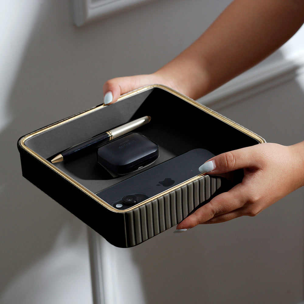 Columns Square Leather Valet Tray - Black
