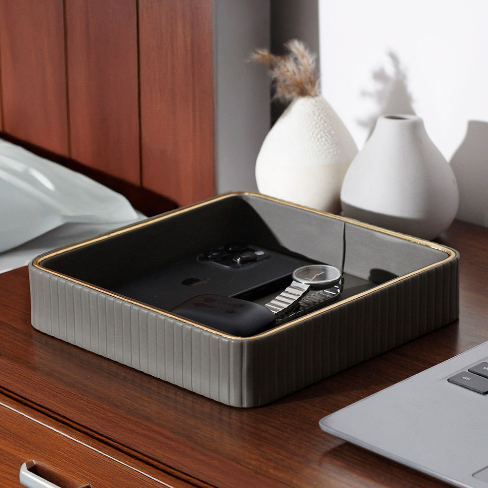 Columns Square Leather Valet Tray - Dark Grey