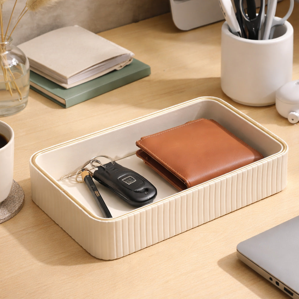 Columns Rectangular Leather Valet Tray - Ivory