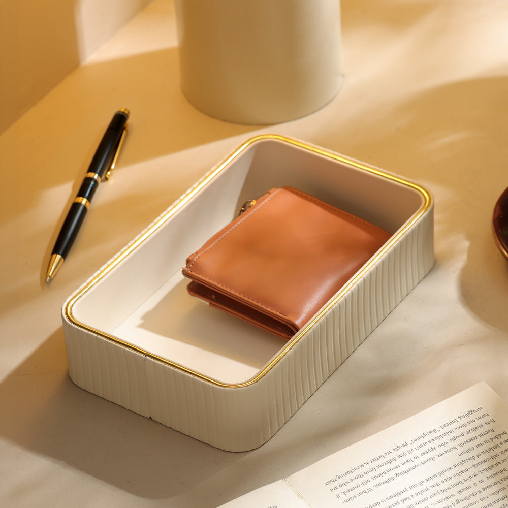 Columns Rectangular Leather Valet Tray - Ivory