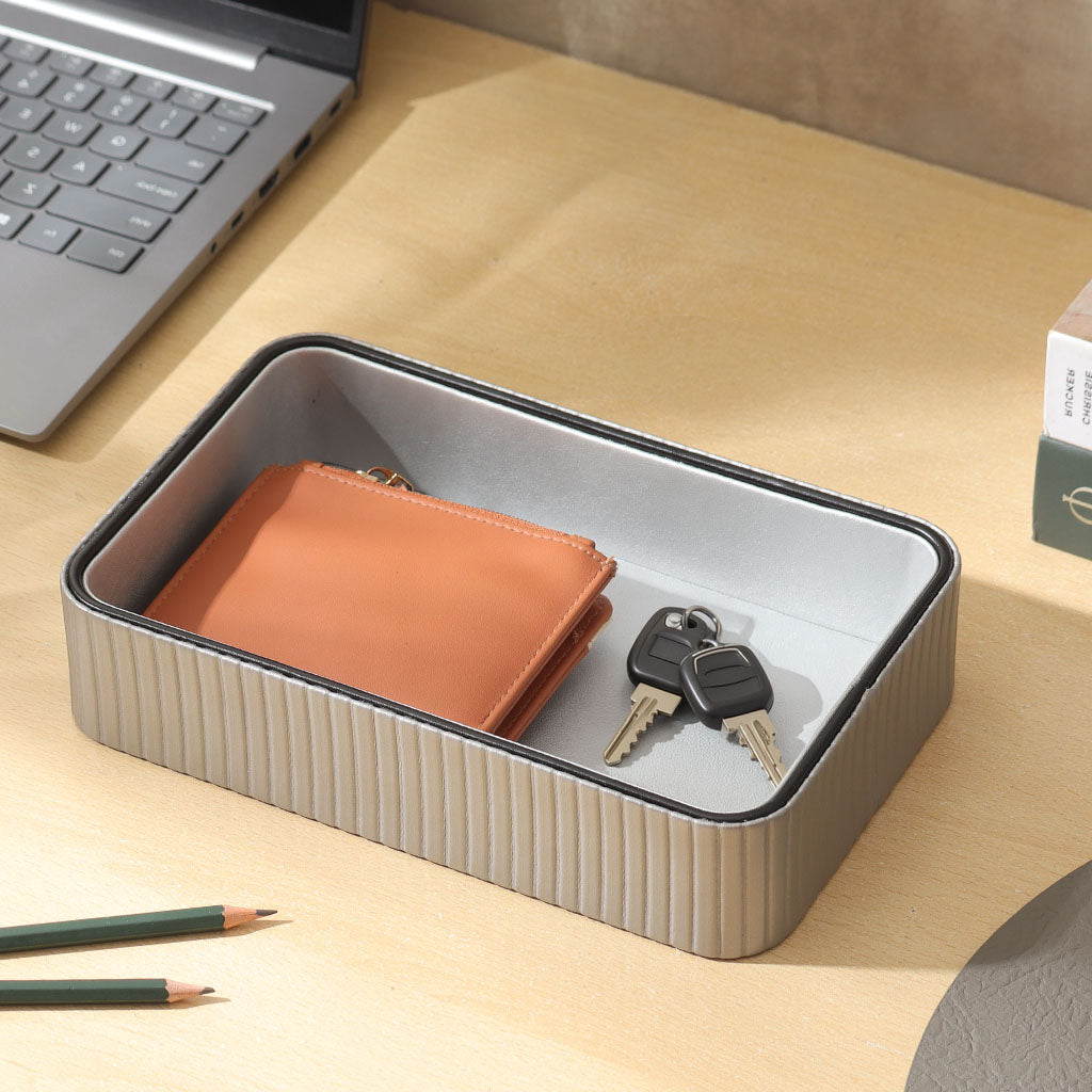 Columns Rectangular Leather Valet Tray - Light Grey