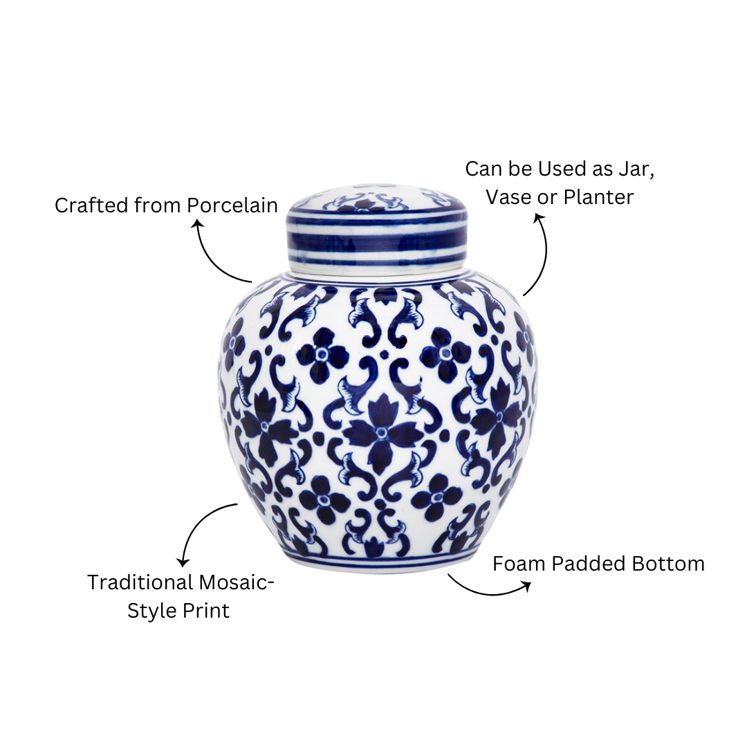 Chantilly Ginger Jar With Lid Short - Blue Mosaic