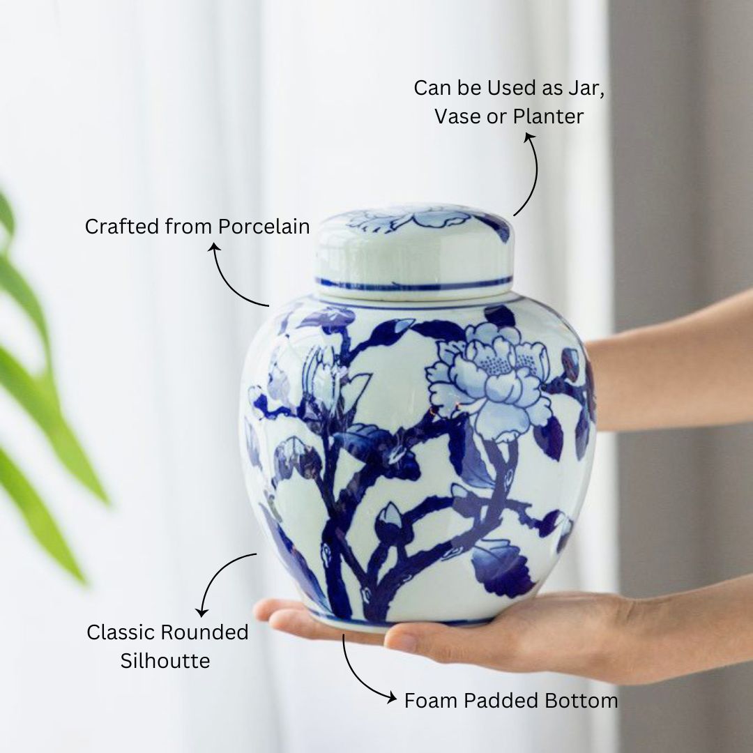 Chantilly Ginger Jar With Lid Short - Blue Flowers