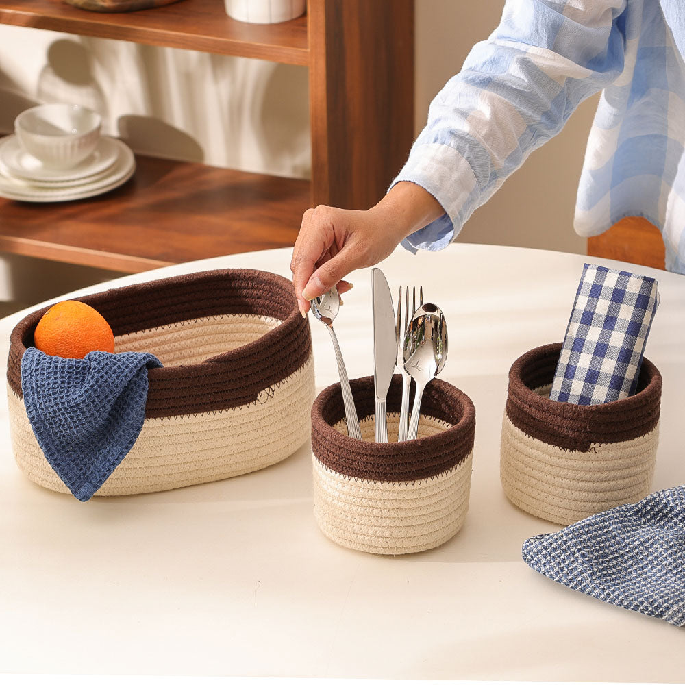 Cotton Round Storage Baskets, Set of 3 - Cream Walnut