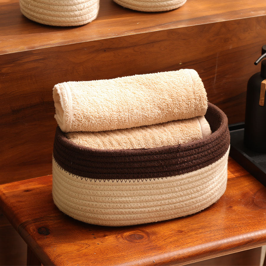 Cotton Round Storage Baskets, Set of 3 - Cream Walnut