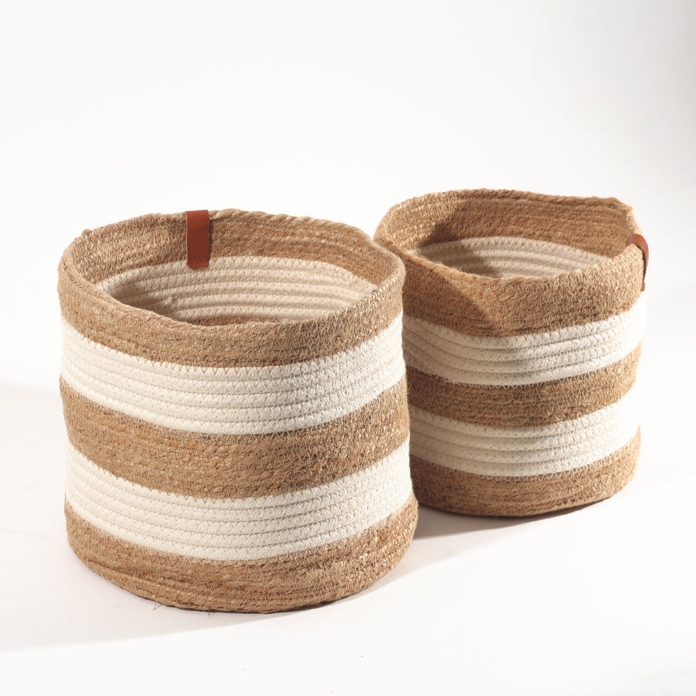 Cotton & Jute Barrel Planters, Set of 2 - Natural Cream