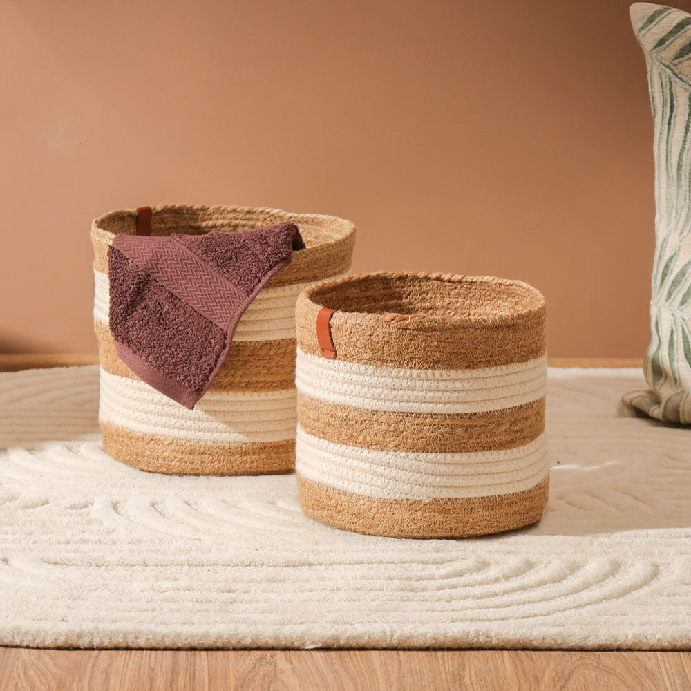 Cotton & Jute Barrel Planters, Set of 2 - Natural Cream