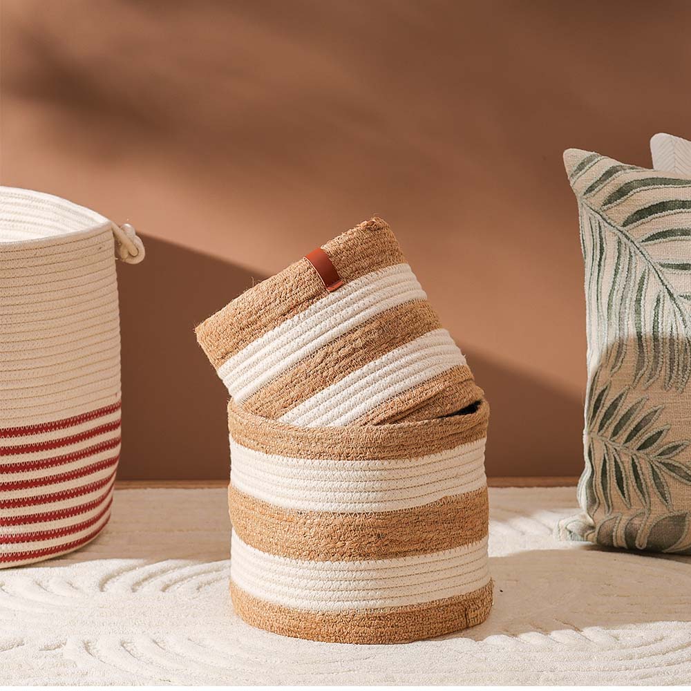 Cotton & Jute Barrel Planters, Set of 2 - Natural Cream