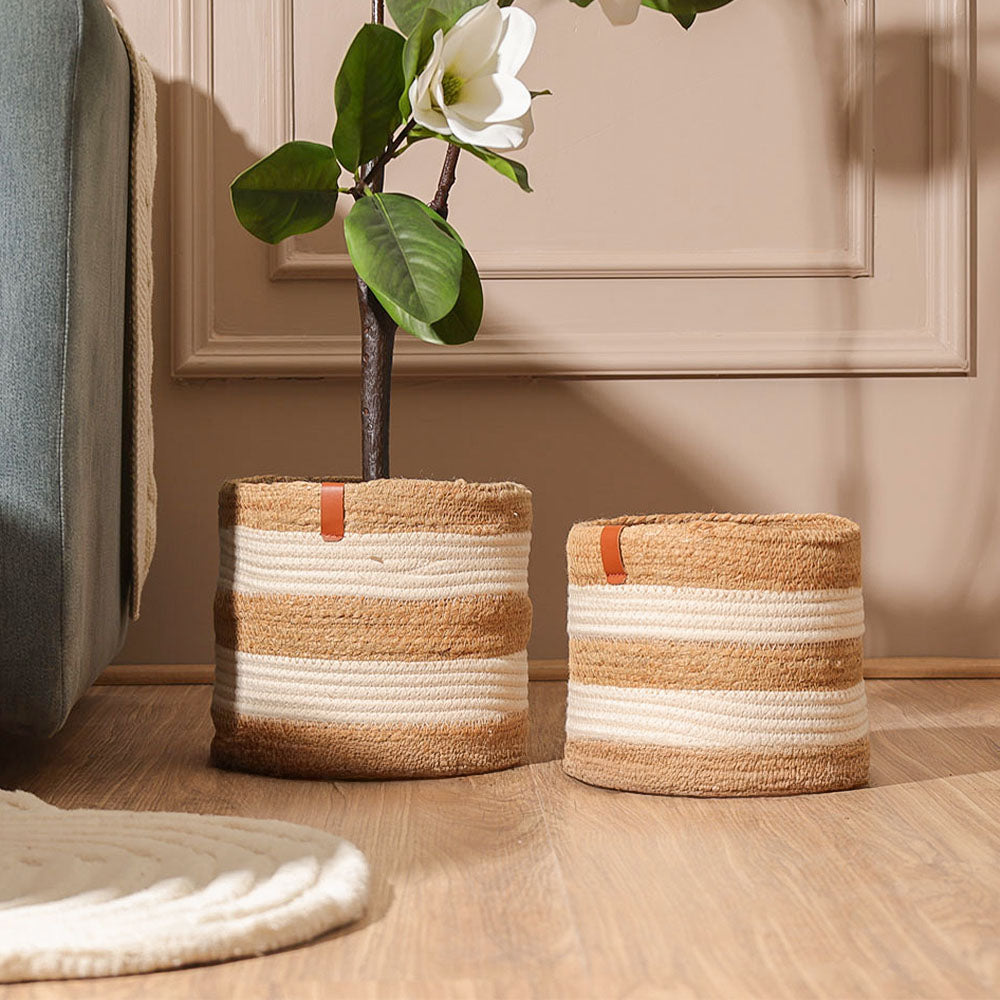 Cotton & Jute Barrel Planters, Set of 2 - Natural Cream