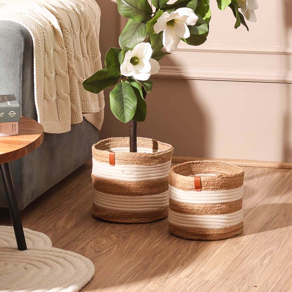 Cotton & Jute Barrel Planters, Set of 2 - Natural Cream