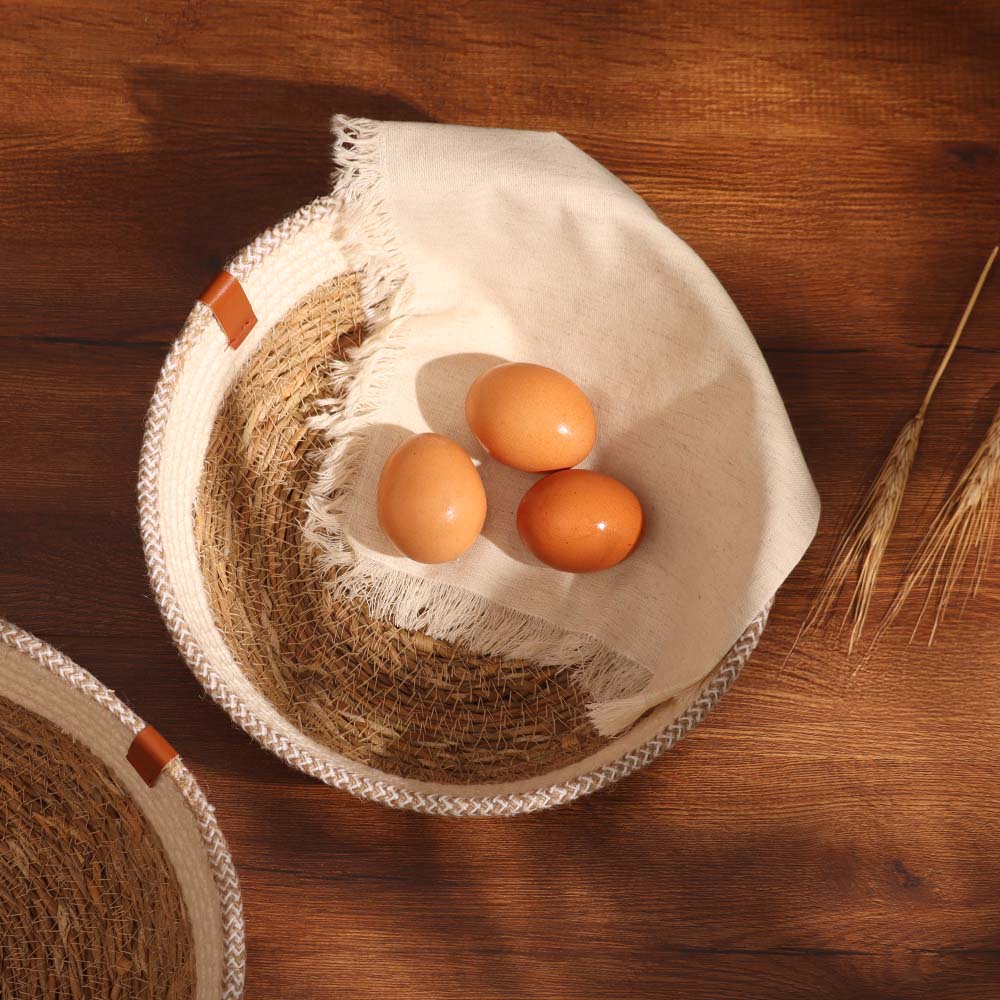 Cotton & Jute Round Storage Baskets, Set of 2 - Natural Cream