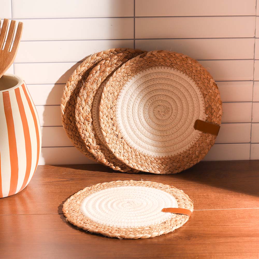 Cotton & Jute Trivets, Set of 4 - Natural Cream