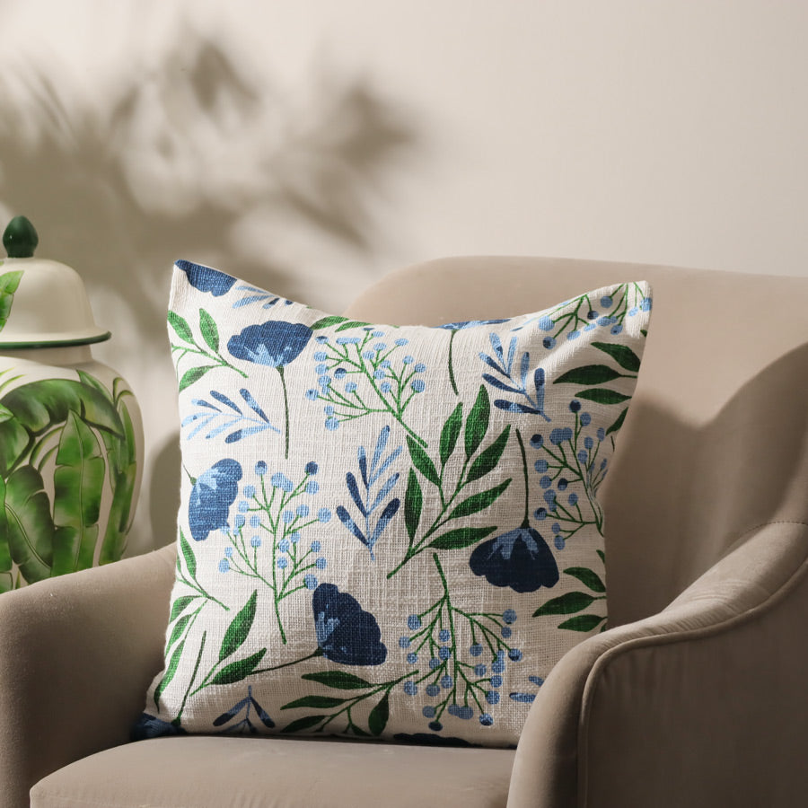 Crocus Printed Cotton Cushion Cover 45x45cm - Blue Green