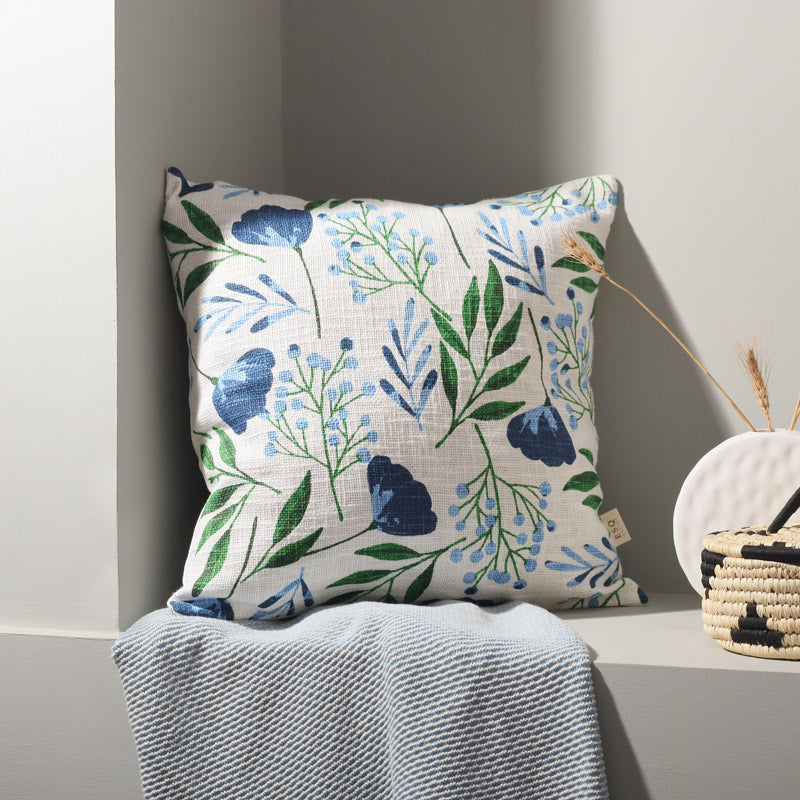 Crocus Printed Cotton Cushion Cover 45x45cm - Blue Green