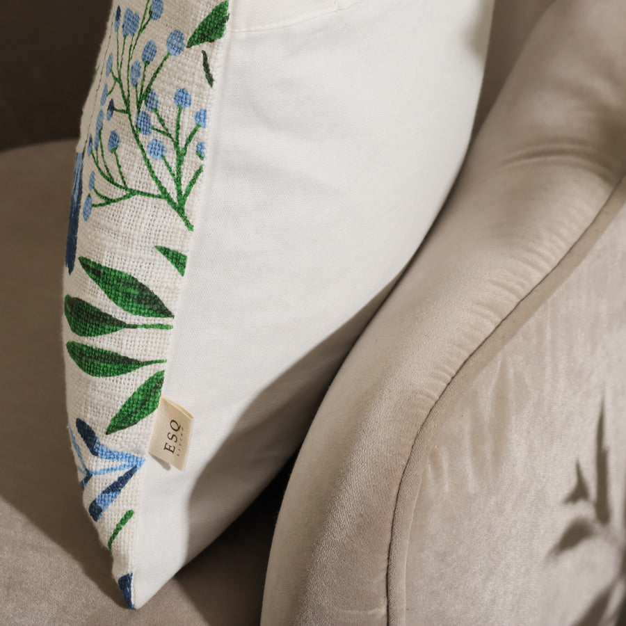 Crocus Printed Cotton Cushion Cover - Blue Green