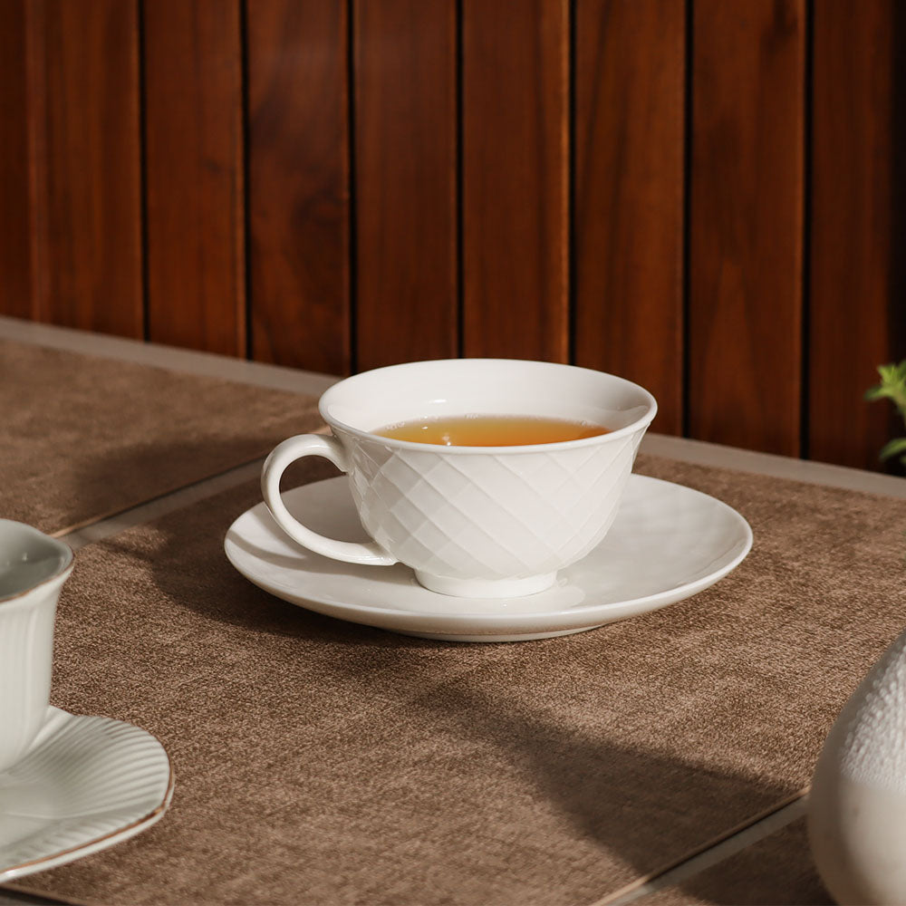 Cross Ceramic Cup With Saucer - White