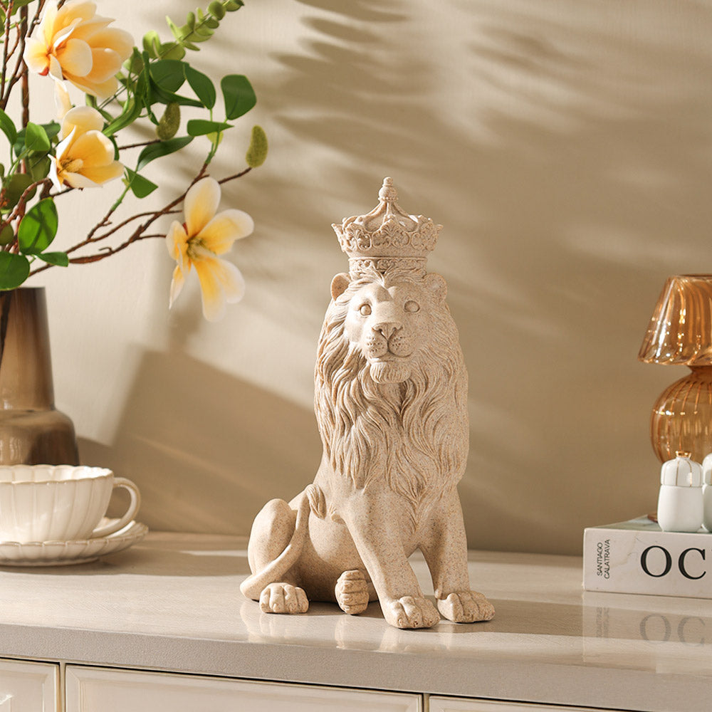 Crowned Lion Sculpture Medium - Speckled Beige