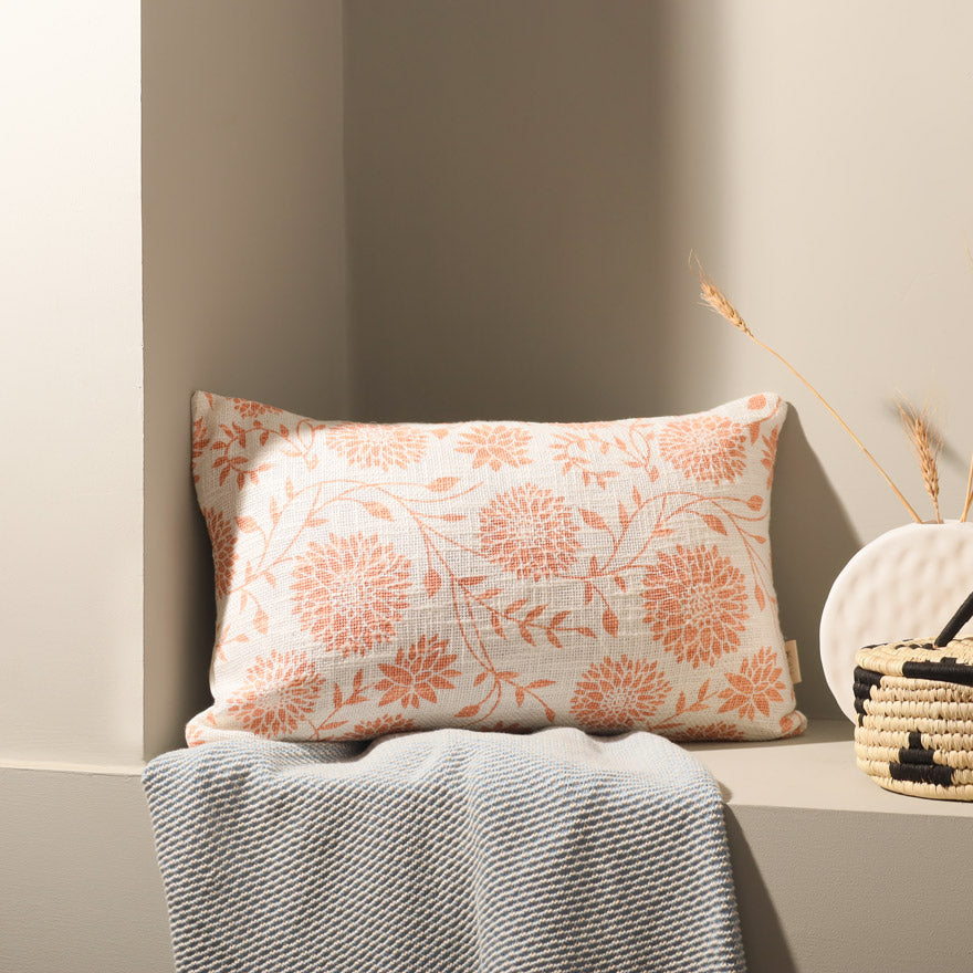 Dahlia Rectangular Printed Cotton Cushion Cover - Peach White