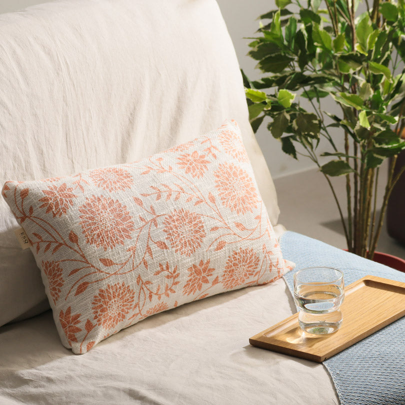 Dahlia Rectangular Printed Cotton Cushion Cover - Peach White