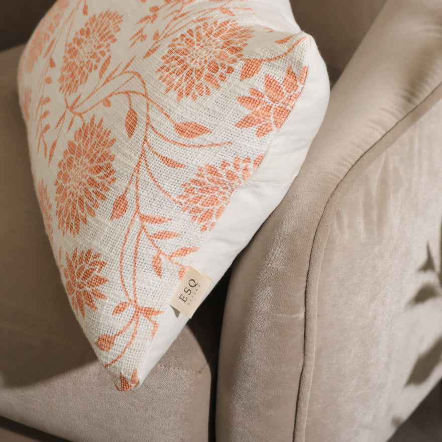 Dahlia Rectangular Printed Cotton Cushion Cover - Peach White