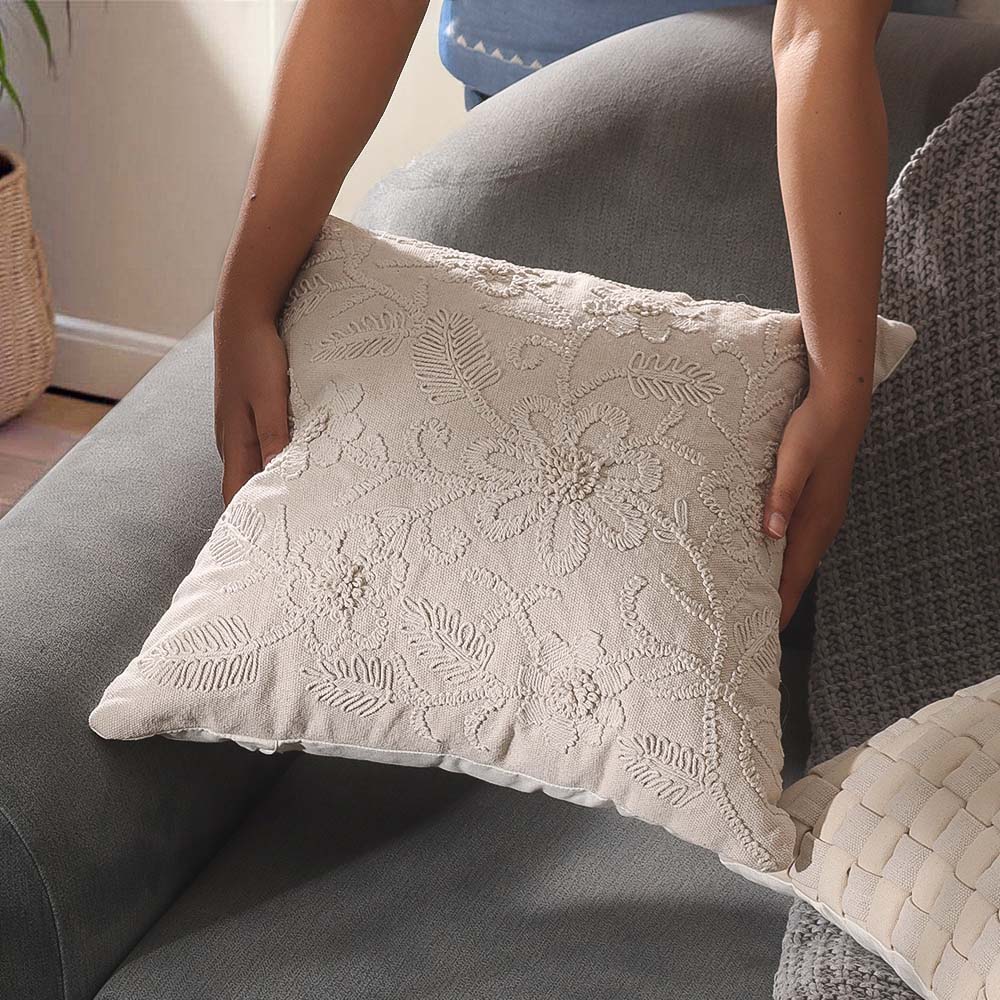 Daisy Embroidered Cotton Cushion Cover 45x45cm - Beige