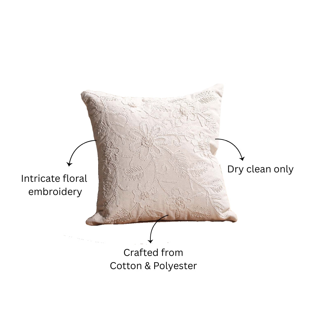 Daisy Embroidered Cotton Cushion Cover 45x45cm - Beige