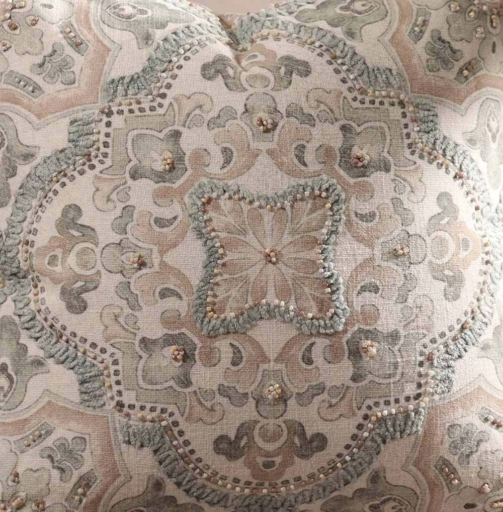 Damask Beaded & Embroidered Cotton Cushion Cover 45x45cm - Pastel Cream