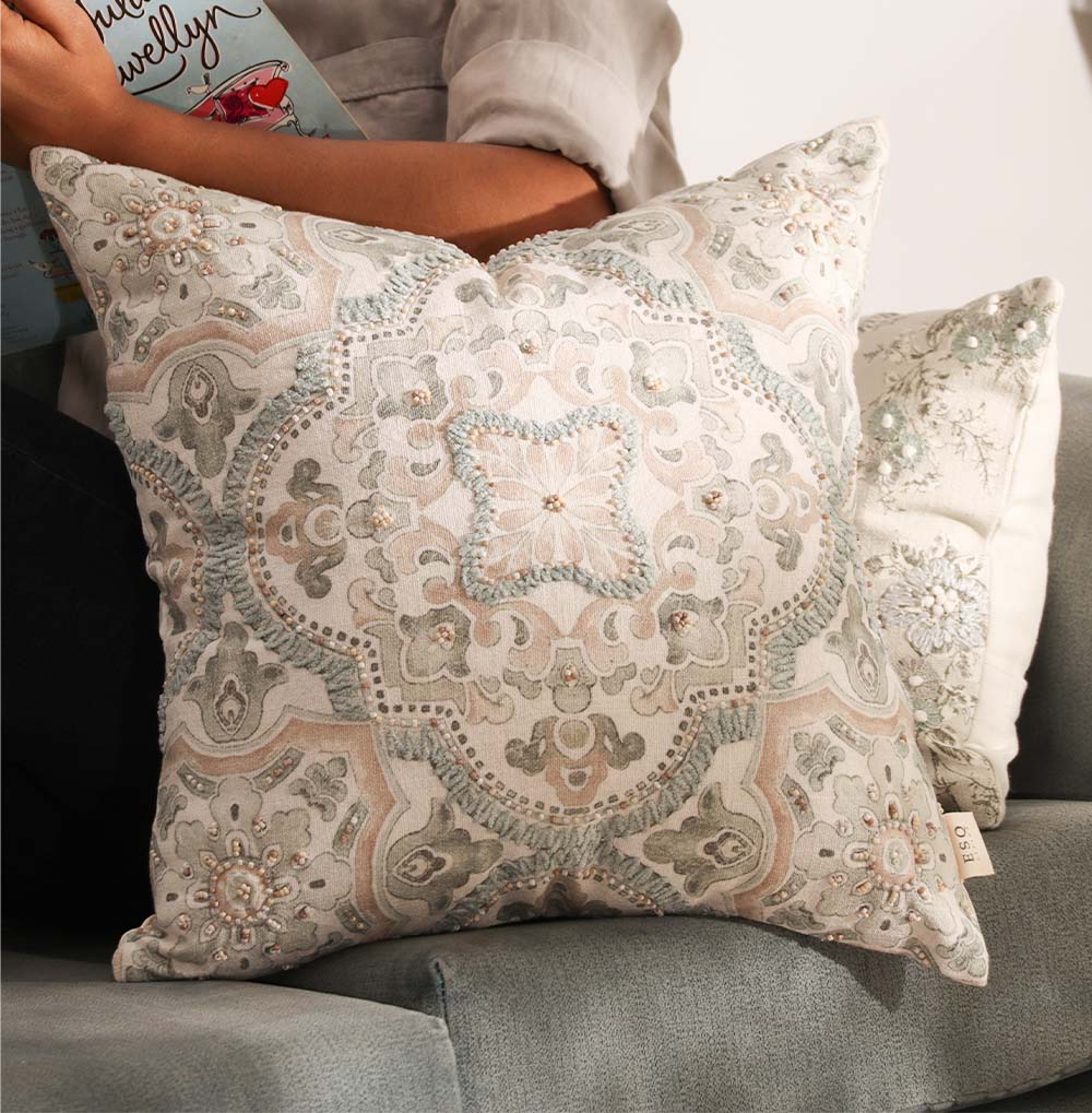 Damask Beaded & Embroidered Cotton Cushion Cover 45x45cm - Pastel Cream