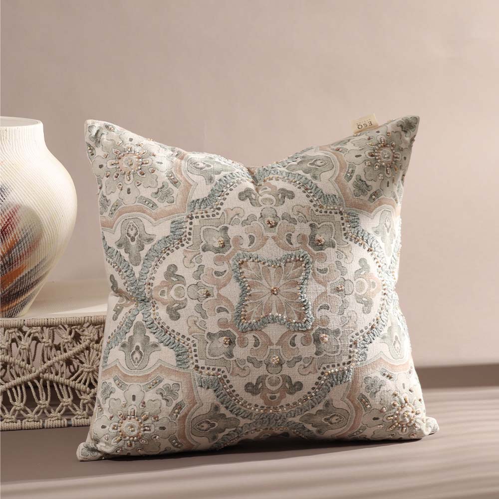 Damask Beaded & Embroidered Cotton Cushion Cover 45x45cm - Pastel Cream