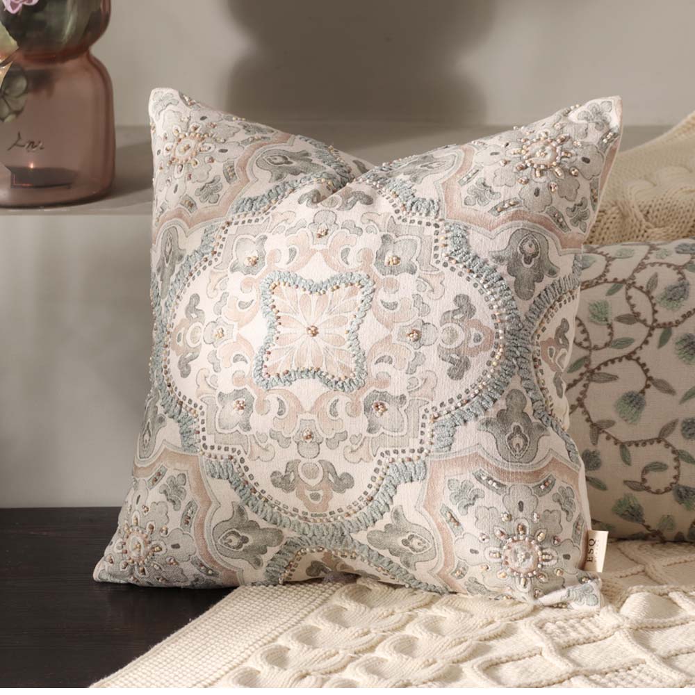 Damask Beaded & Embroidered Cotton Cushion Cover 45x45cm - Pastel Cream