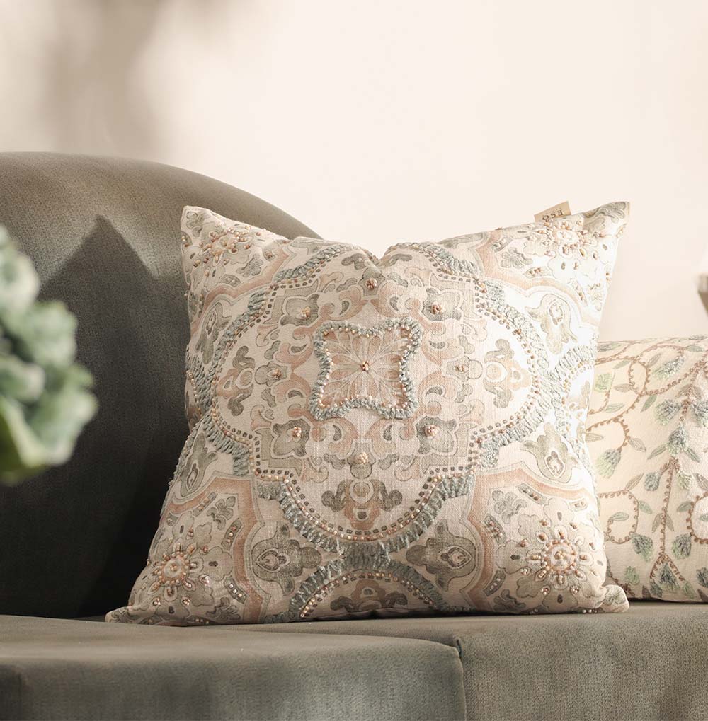 Damask Beaded & Embroidered Cotton Cushion Cover 45x45cm - Pastel Cream