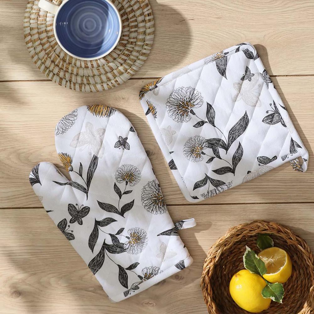 Dandelion Pot Holder and Oven Glove Duo - White