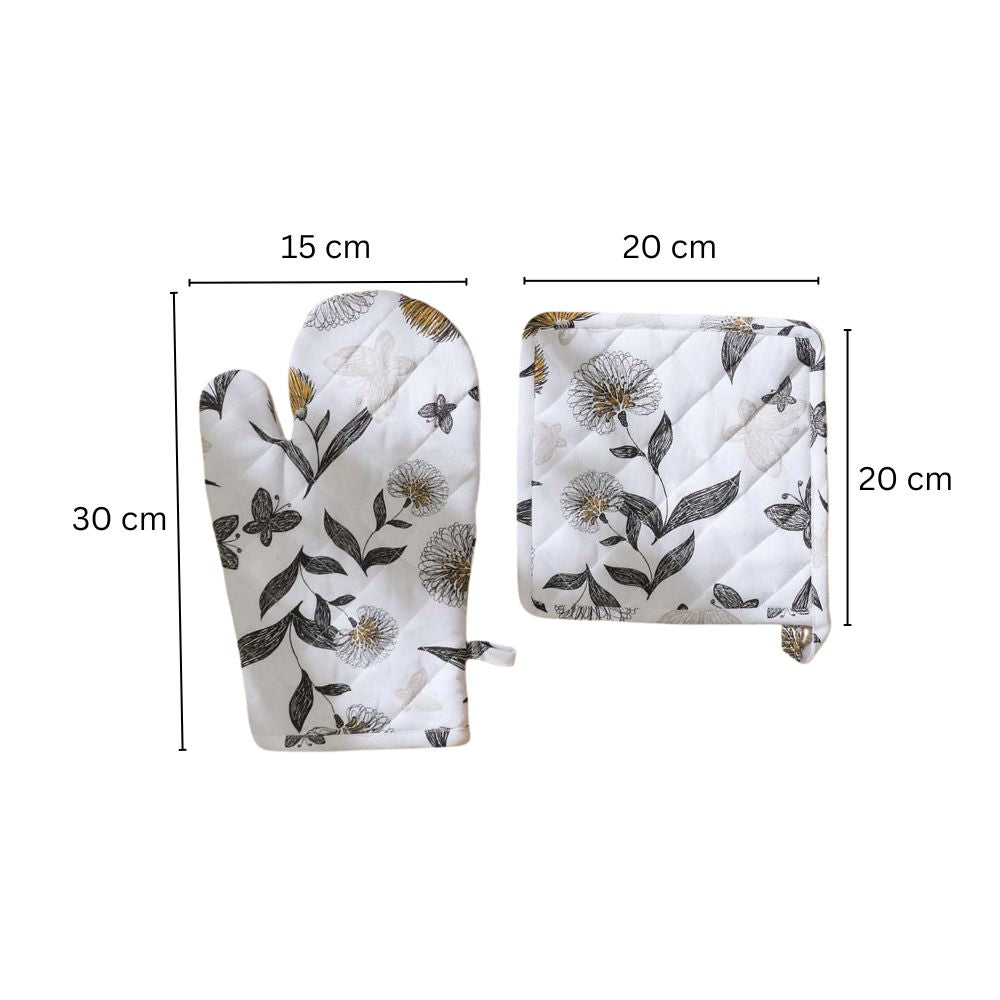 Dandelion Pot Holder and Oven Glove Duo - White