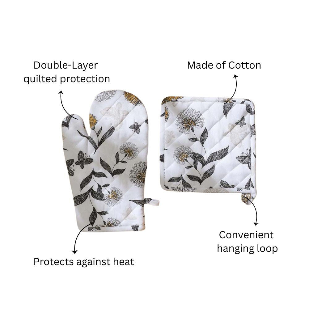 Dandelion Pot Holder and Oven Glove Duo - White