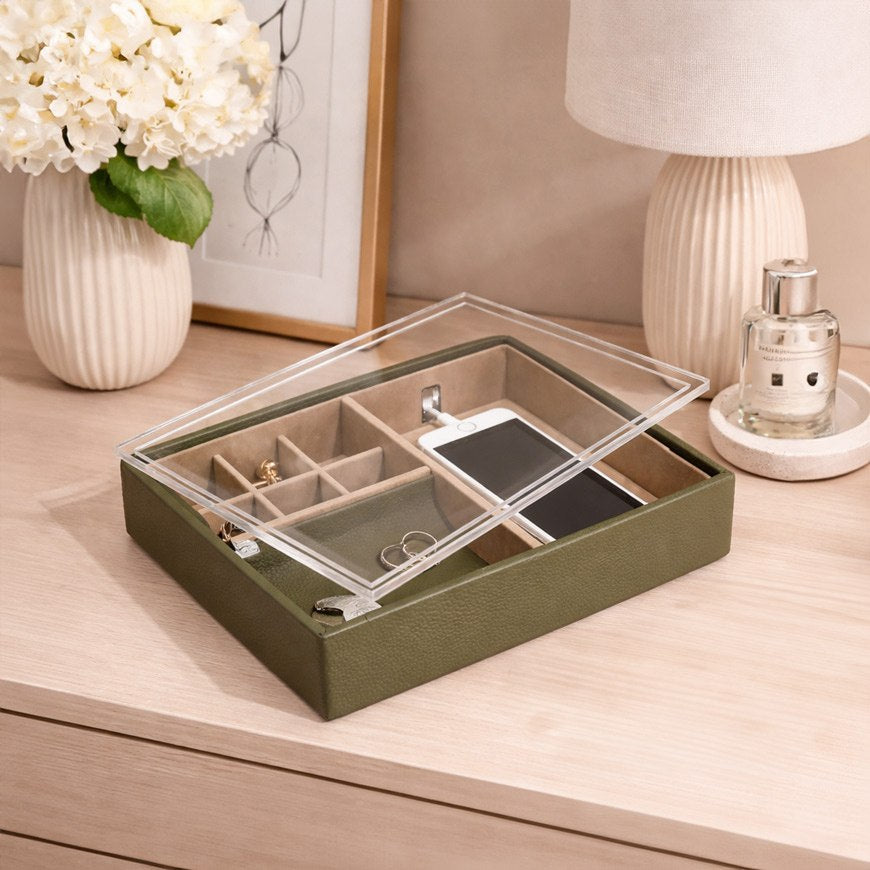 Desk Valet Organiser With Acrylic Lid - Olive Green