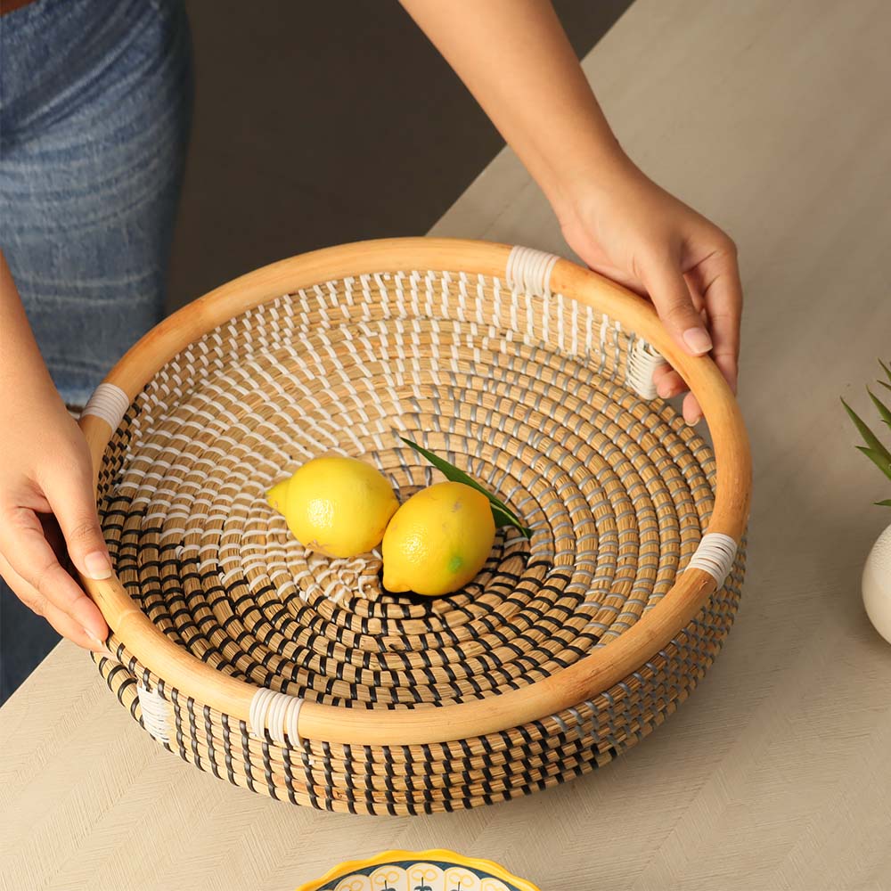 Deux Seagrass Round Tray Large - Monochrome