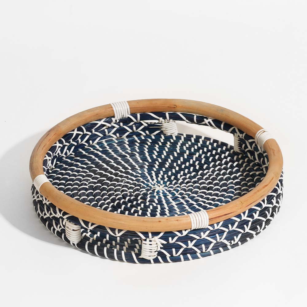 Deux Seagrass Round Tray Large - Blue White