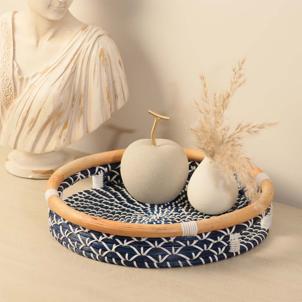 Deux Seagrass Round Tray Large - Blue White