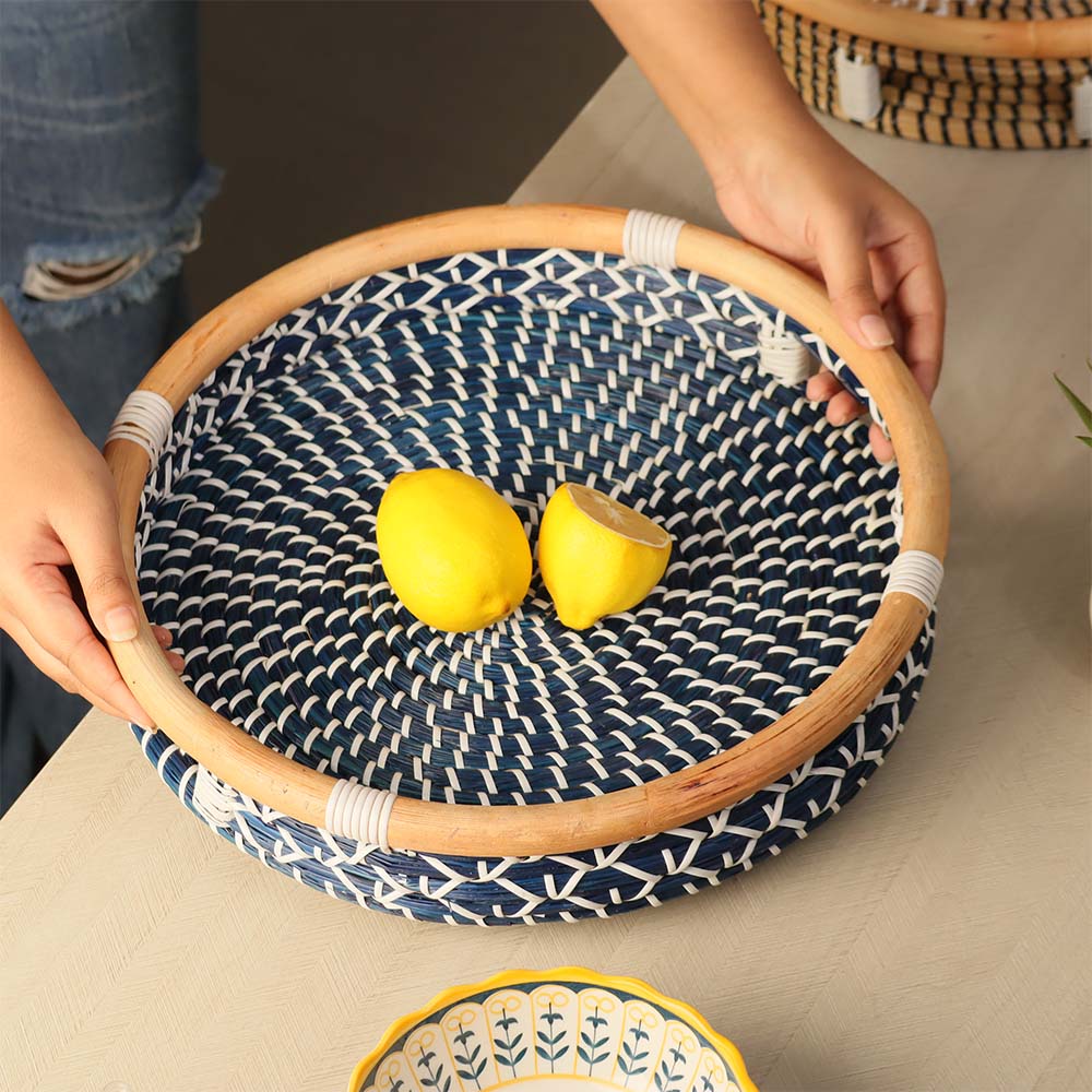 Deux Seagrass Round Tray Large - Blue White