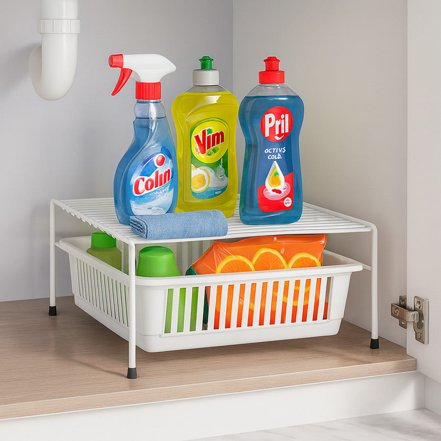 Dino Under Sink Rack with Sliding Basket - White