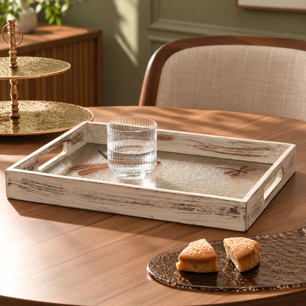 Dragonfly Glass & Wood Serving Tray Large - Earthy