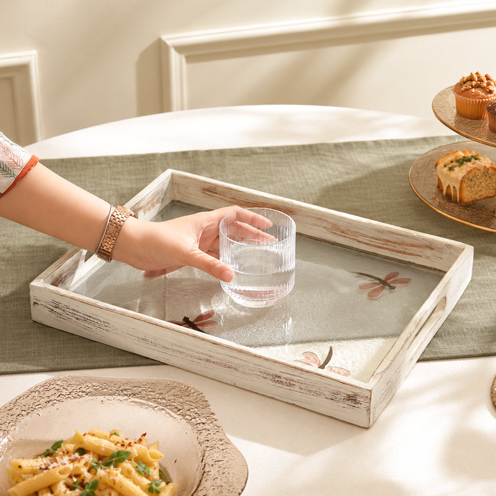 Dragonfly Glass & Wood Serving Tray Large - Earthy