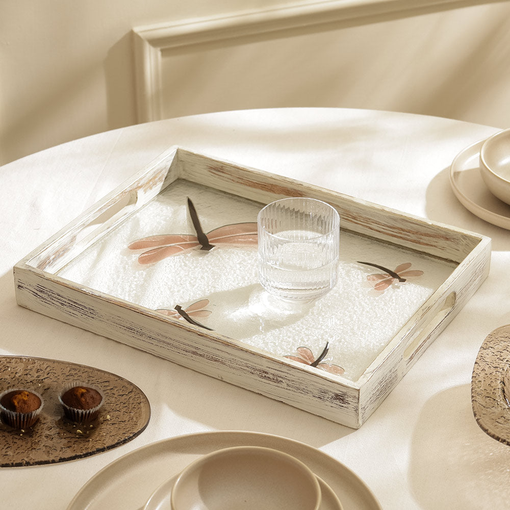 Dragonfly Glass & Wood Serving Tray Large - Earthy