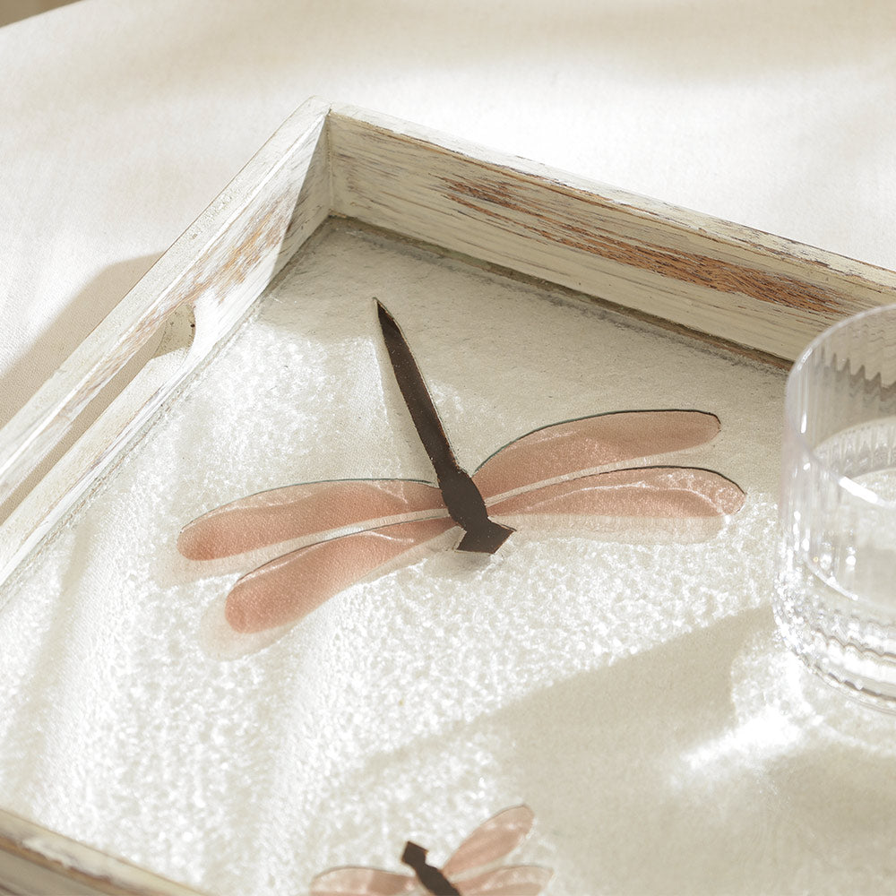 Dragonfly Glass & Wood Serving Tray Large - Earthy