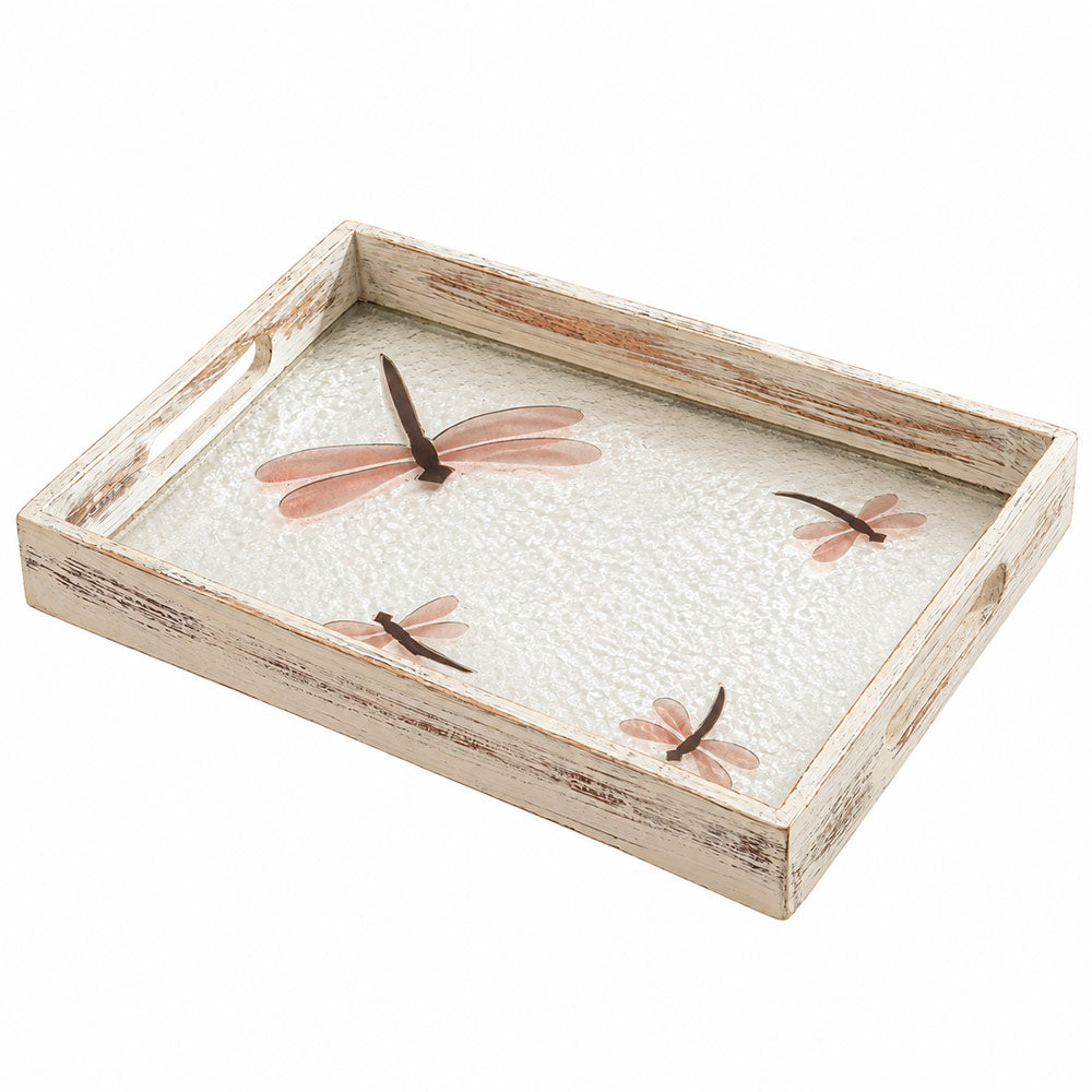 Dragonfly Glass & Wood Serving Tray Large - Earthy