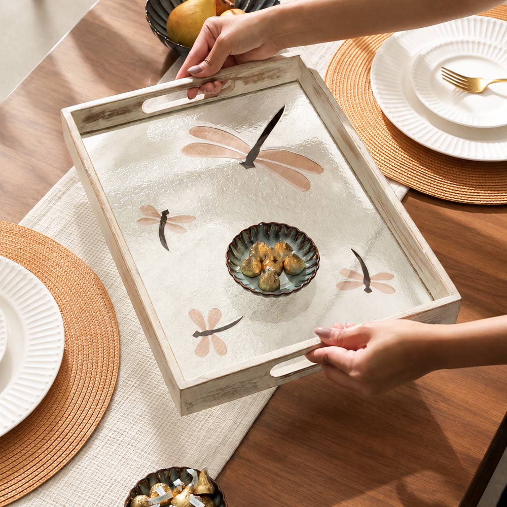 Dragonfly Glass & Wood Serving Tray Large - Earthy