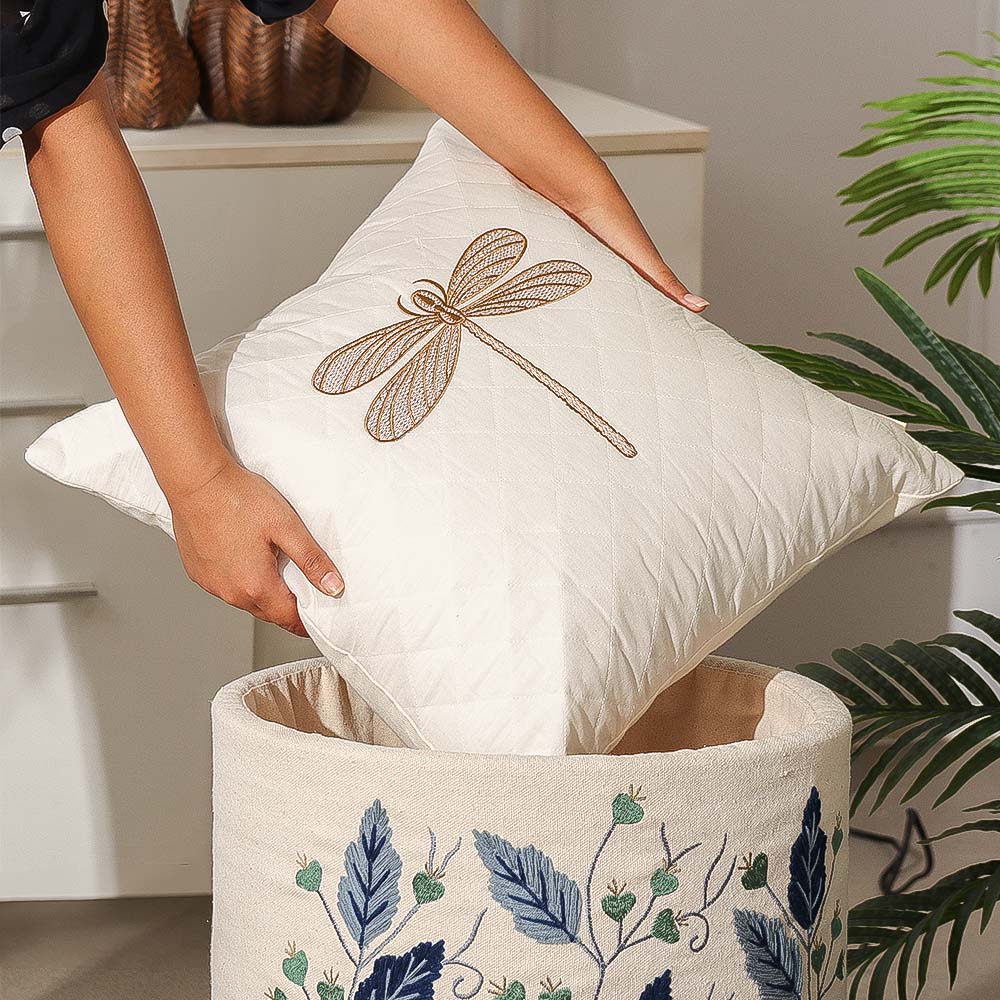 Dragonfly Embroidered & Quilted Cushion Cover - Gold White